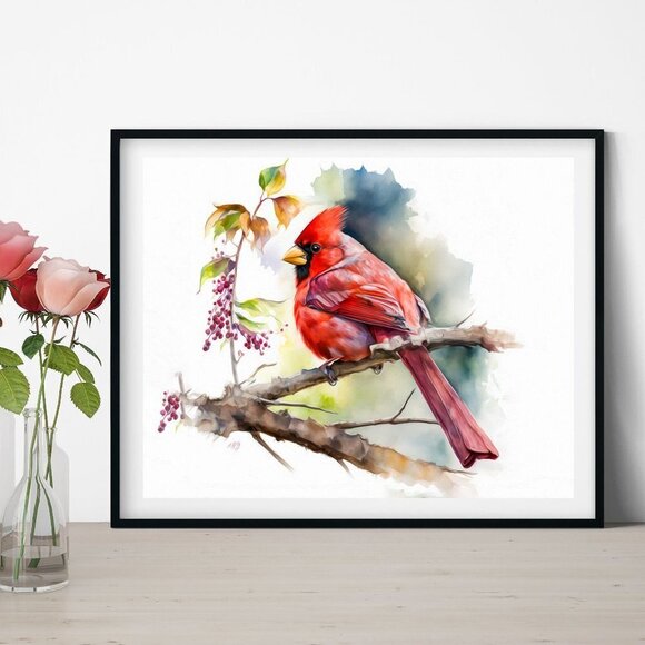 Northern‎ Red Cardinal Bird Gorgeous Watercolor Oil Painting Art Print - Picture 5 of 6